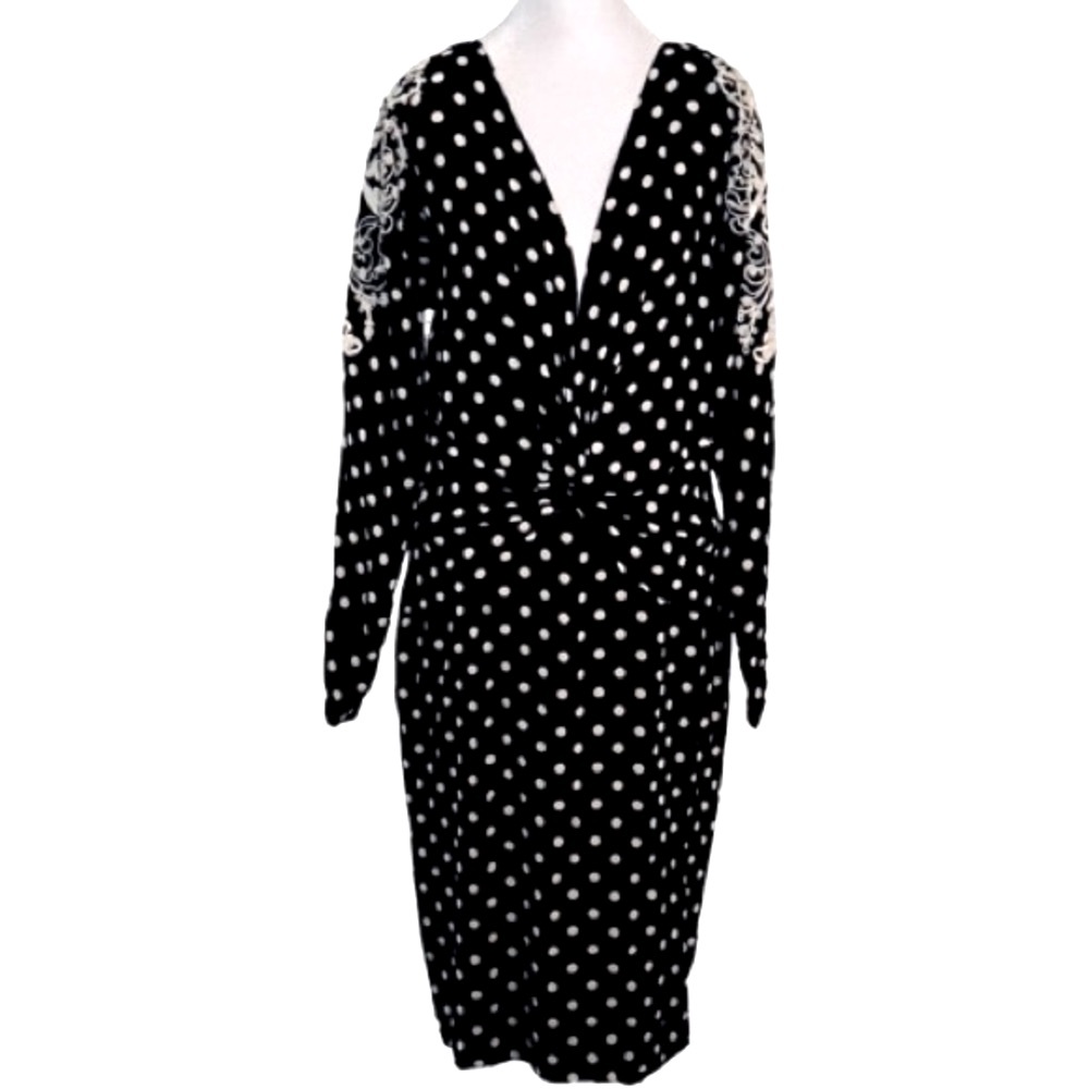 Stunning Vintage Polka Dot Dress 20s 80s Midi Embroidered Boho Black White